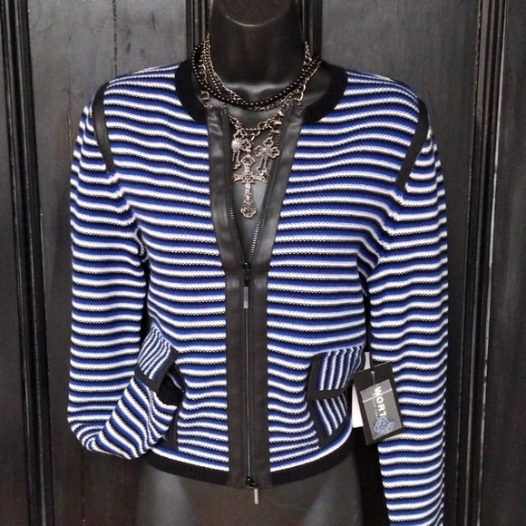 Worth Sweaters - NWT Worth New York Two-Way Zip Blue Blk White Striped Knit Sweater Leather Triim